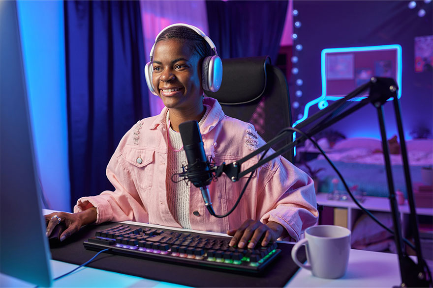 African man wearing virtual reality headset having great fun